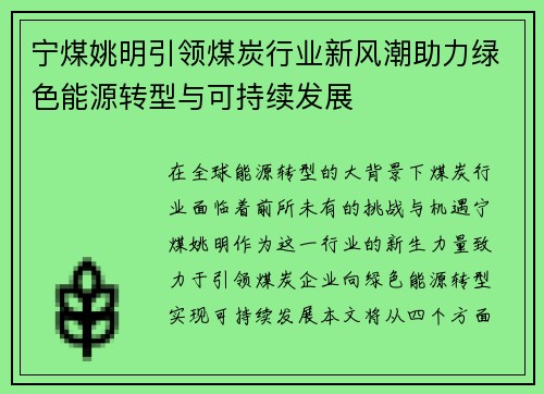 宁煤姚明引领煤炭行业新风潮助力绿色能源转型与可持续发展